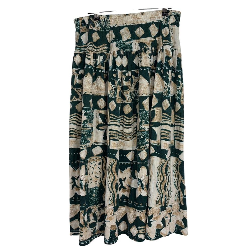 FRITZI California Vintage Y2K Green Tan Hawaiian Polyester Blend Midi Skirt L